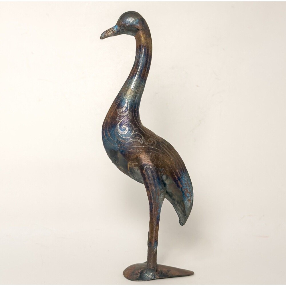 Vintage Handcrafted Metal Crane Bird Sculpture Etched Copper Patina 10.5”